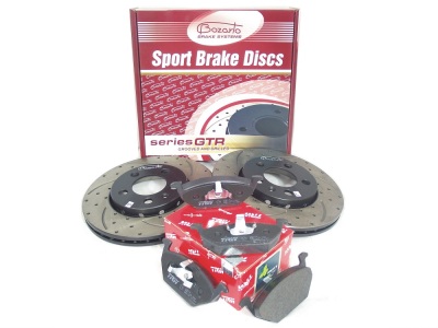 Zestaw hamulcowy PRZÓD tarcze 256x22 Bozarto GTR + klocki TRW Audi A3 Seat Leon Ibiza Skoda Fabia Octavia VW Polo Golf IV